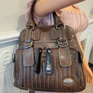 Chloe Bay Quilted Patent Leather Satchel Bag.